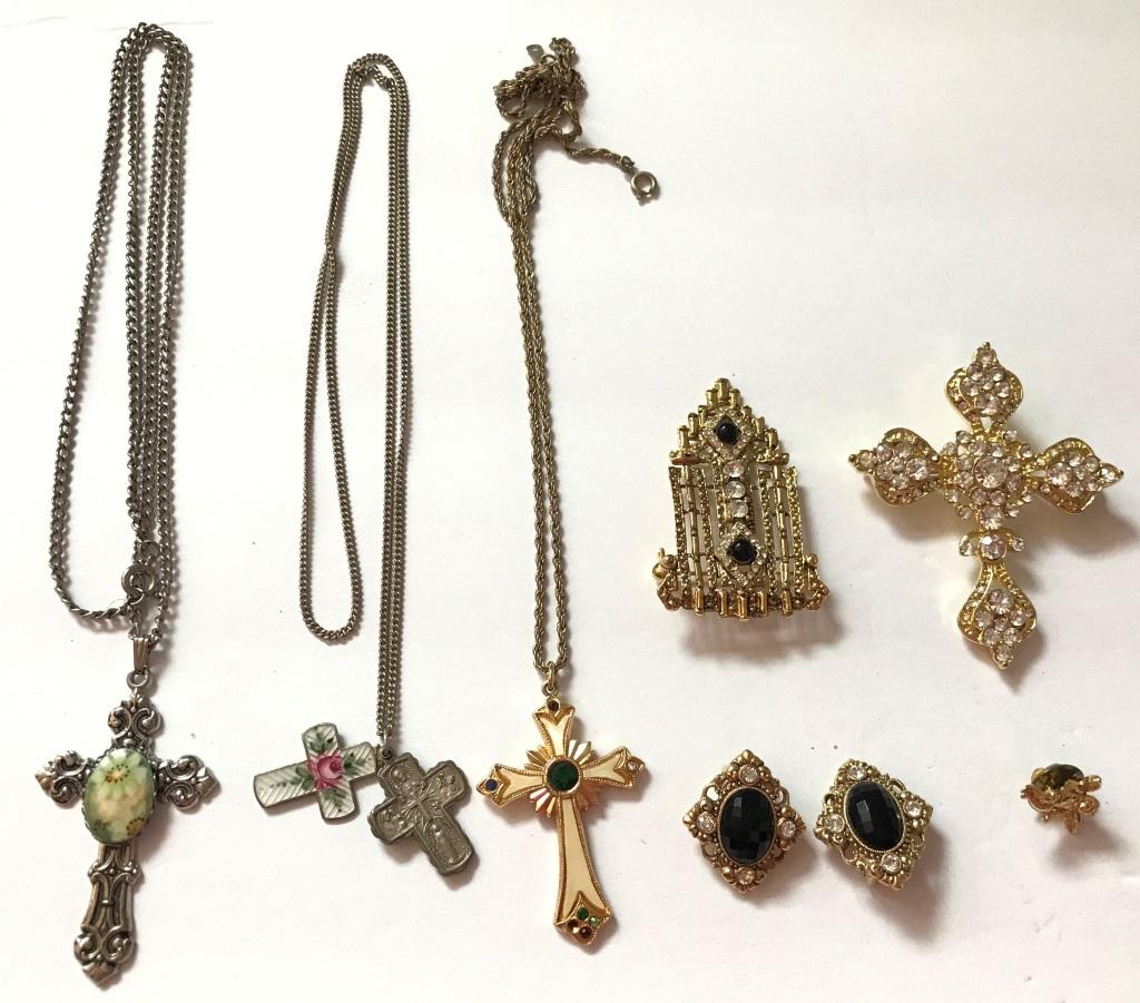 RELIGION LOT!: NECKLACE, BROOCH, EARRINGS, VINTAGE CROSS RHINESTONES