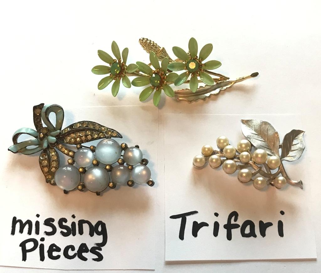 3 BROOCHES: 1 TRIFARI, 1 MISSING PIECES, FLOWERS