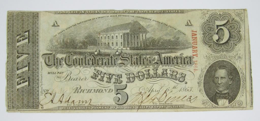 1863 $5 CONFEDERATE STATES of AMERICA NOTE (1 of 2)