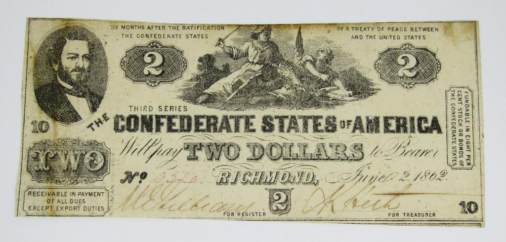 1862 $2 CONFEDERATE STATES of AMERICA NOTE (1 of 2)