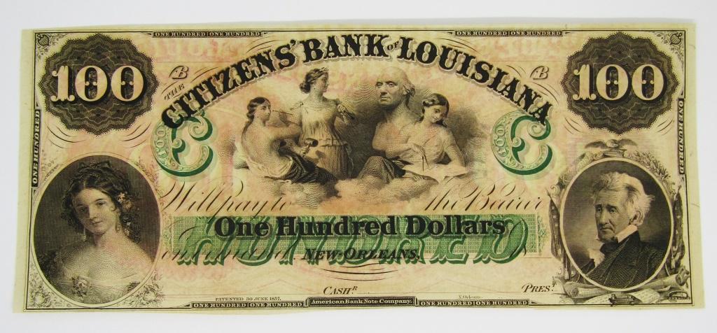 UNC $100 CITIZEN'S BANK of LOUISIANA NOTE: OBSOLETE NOTE in CU CONDITION - NO ISSUES