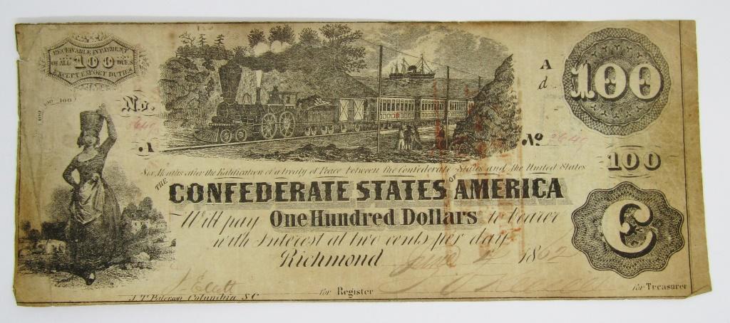 1862 $100 CONFEDERATE STATES of AM NOTE (1 of 3)