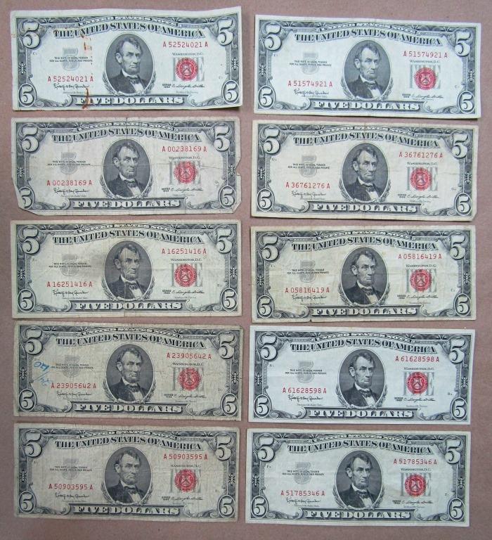 (10) 1963 $5 RED SEAL U.S. NOTES (1 of 5)