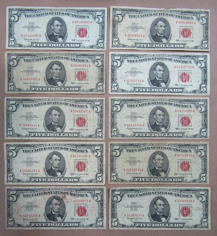 (10) 1963 $5 RED SEAL U.S. NOTES (1 of 4)