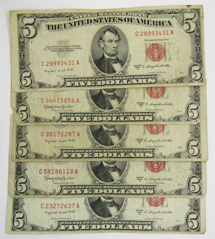 (5) 1953 $5 RED SEAL U.S. NOTES (1 of 2)