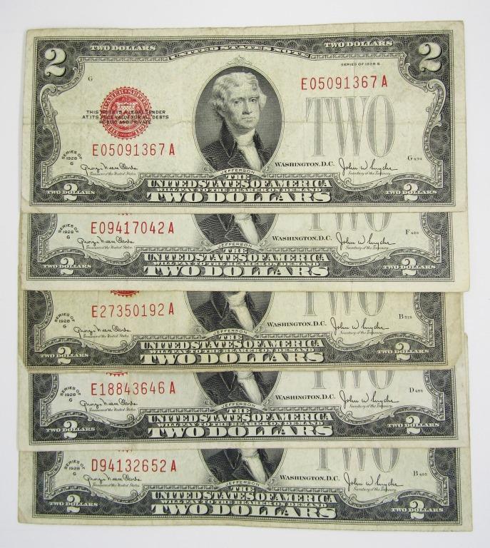 (5) 1928 $2 RED SEAL U.S. NOTES (1 of 2)
