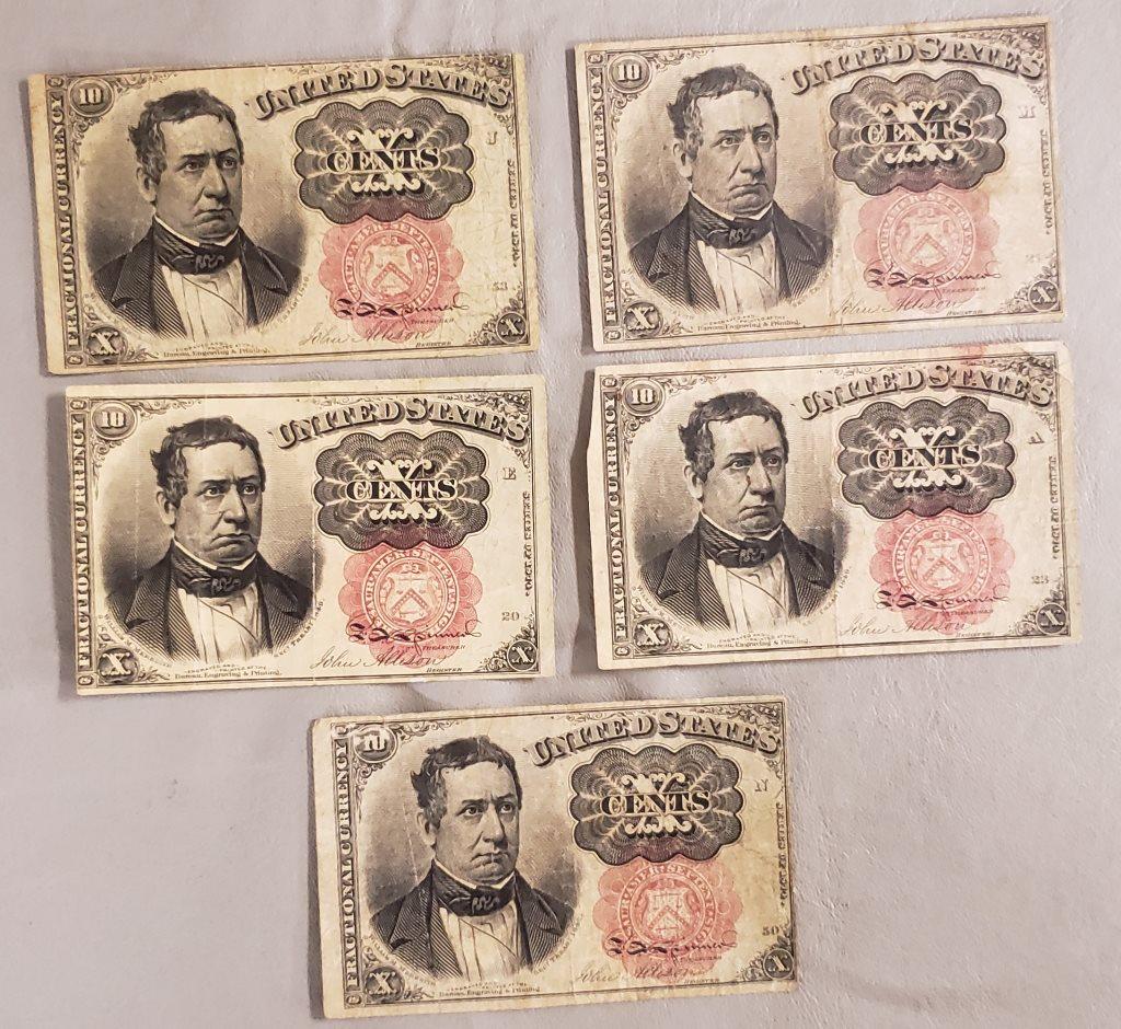 (5) 1874 TEN CENT FRACTIONAL NOTES (1 of 2)