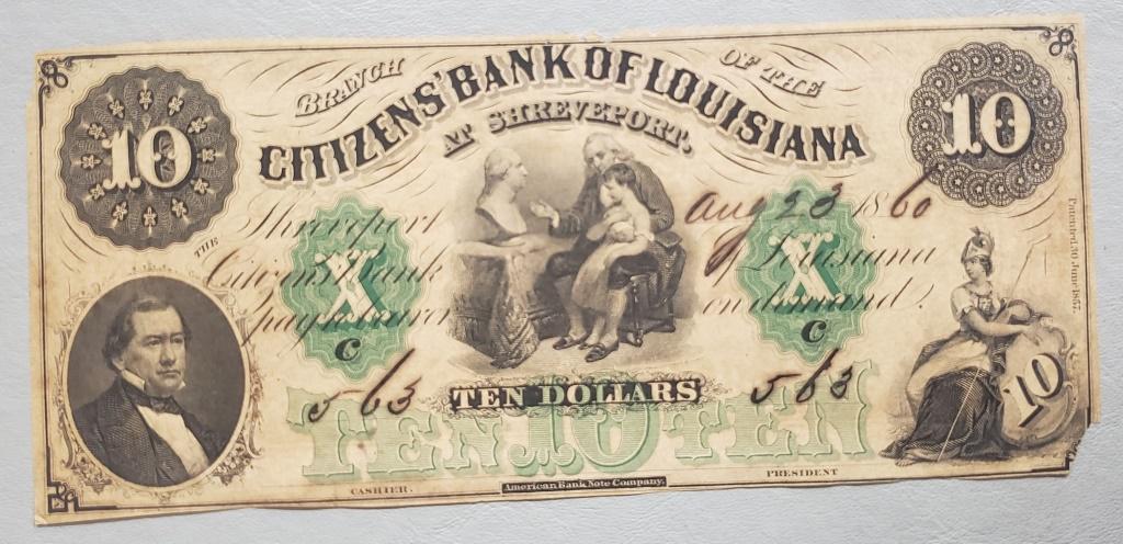 1860 $10 CITIZENS BANK of LOUISIANA: OBSOLETE TEN DOLLARS - NICE NOTE