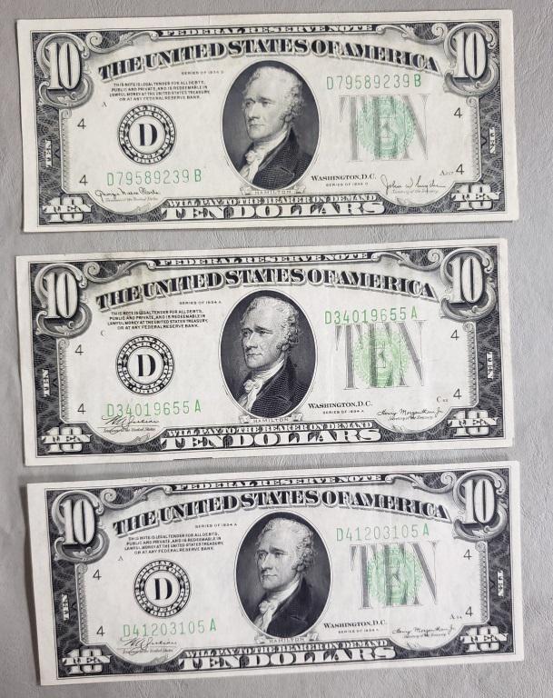 (3) 1934 $10 FEDERAL RESERVE NOTES AU/CU (1 of 2)
