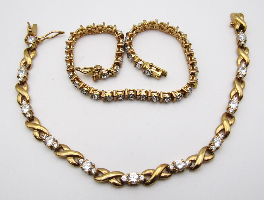 2-GOLD TONED STERLING TENNIS BRACELETS: WITH POSSIBLE CZ STONES! TOTAL 12.1 DWT