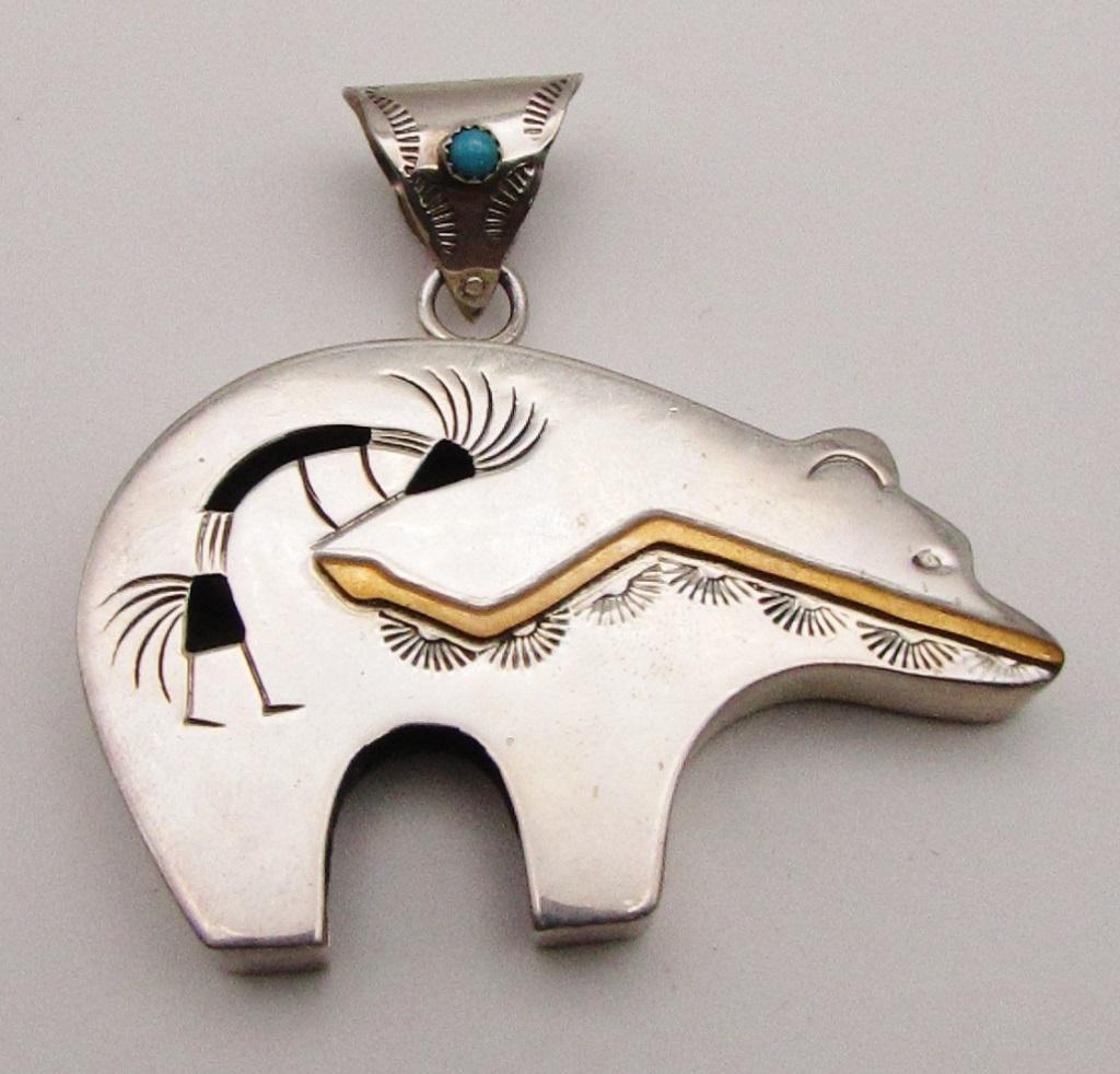 G PERRY STERLING ZUNI BEAR PENANT: SLEEPING BEAUTY STONE ACCENT-GOLD TONED DESIGN-TOTAL 14.9 DWT
