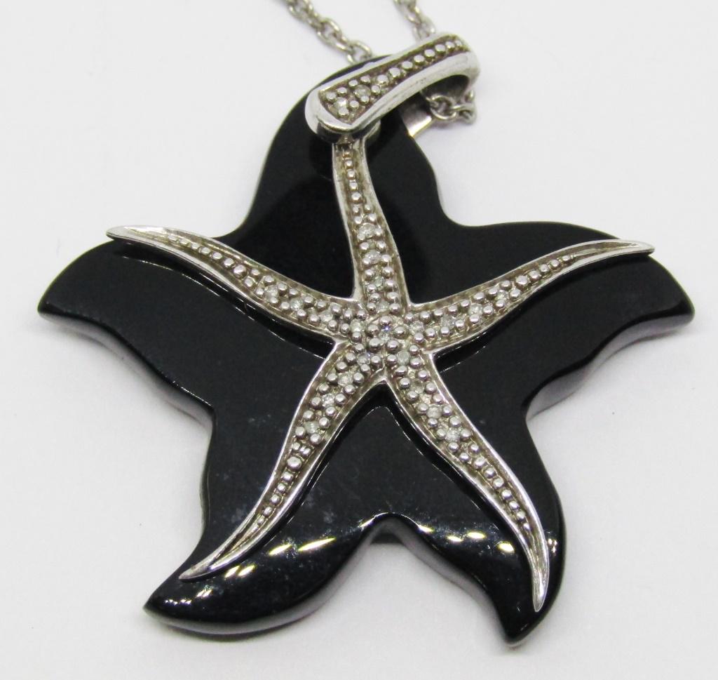 STERLING STARFISH PENDANT WITH BLACK: LUCITE BACKGROUND-COMES WITH CHAIN-TOTAL 7.4 DWT
