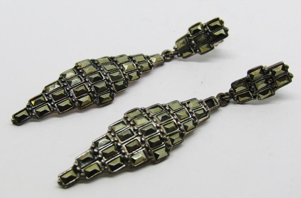 VINTAGE PAIR OF STERLING MARCASITE: PIERCED DANGLY EARRINGS-TOTAL 4.8 DWT