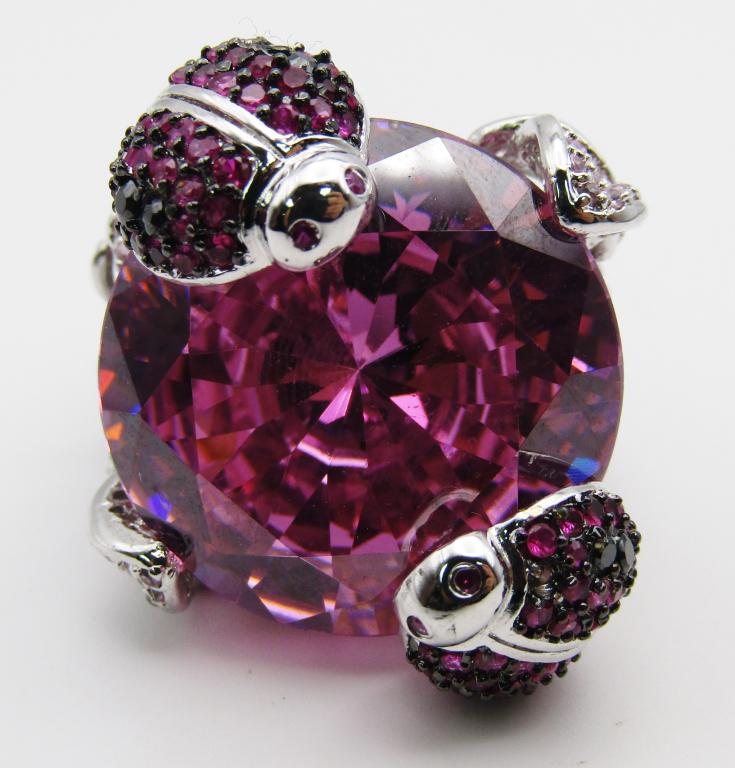 MASSIVE STERLING LADY BUG FASHION BLING RING: WITH LARGE PINK CENTER STONE-HEAVY!! RING SIZE 9-TOTAL 26.3 DWT