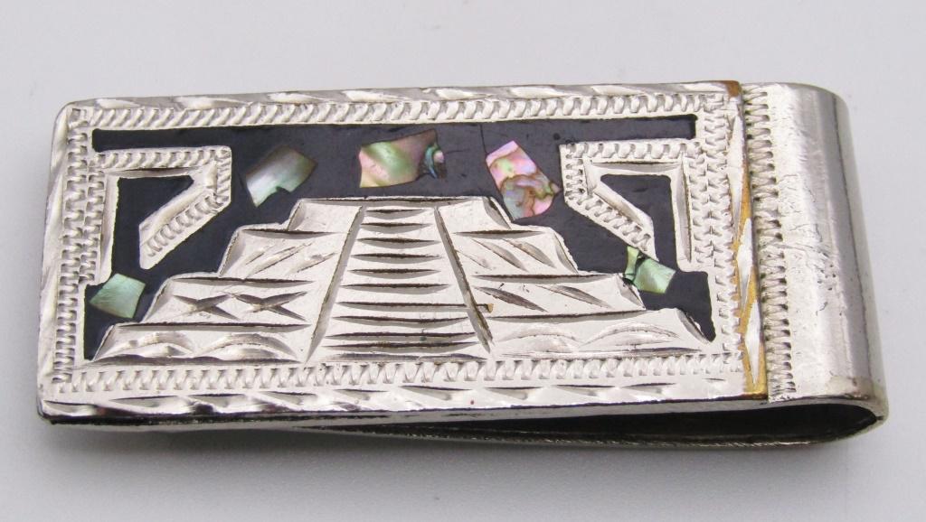 ALPACA MEXICO STERLING MONEY CLIP-AZTEC DESIGN: WITH ABILONE AND BLACK ONYX INLAY-TOTAL 23.3 DWT