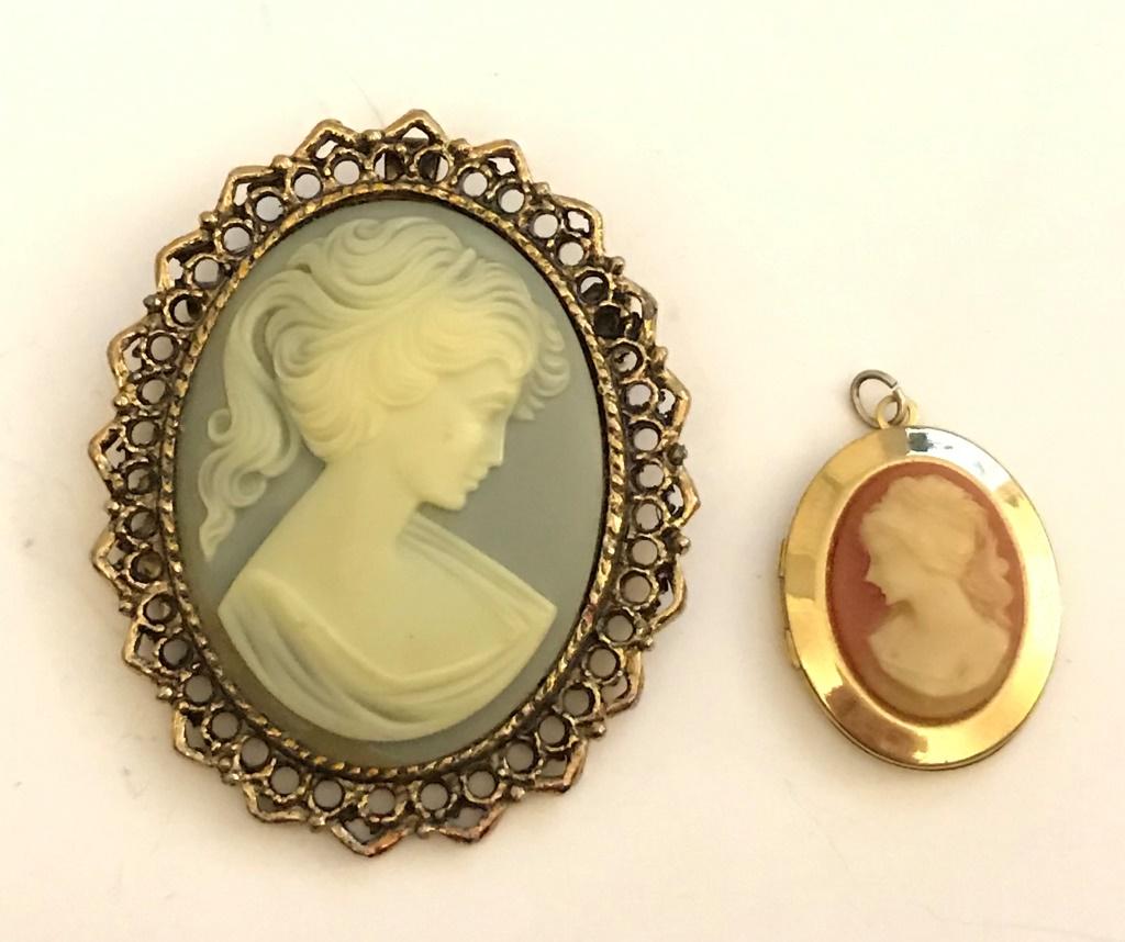 2 PC CAMEO LOT BROOCH/PENDANT, LOCKET MIX: BID NOW!