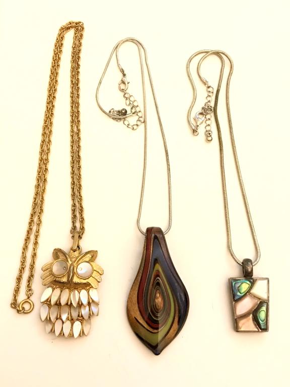 NECKLACE TRIO- OWL, ABALONE: BID NOW!