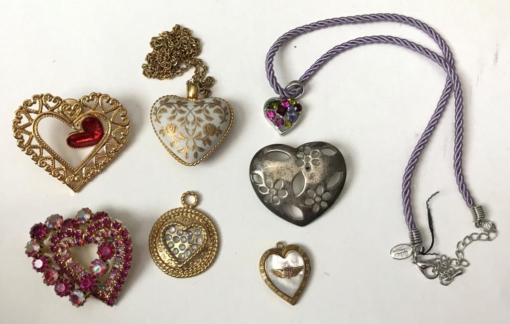 HEART LOT- 7 PIECES: BROOCHES NECKLACES PINS PENDANTS-- PINK RHINESTONES CLEAR RHINESTONES RED HEART