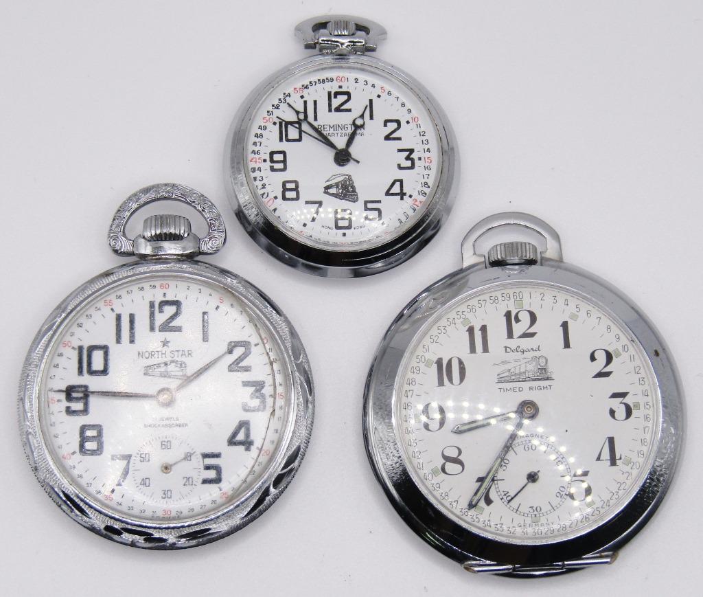 (3) TRAIN FACE POCKET WATCHES DELGARD (1 of 2)