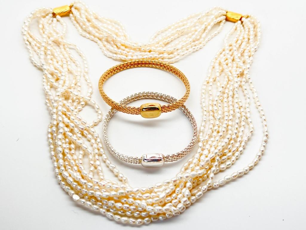 2 MONET AND FW PEARLS: 2 MONET AND FW PEARLS, 2 SIGNED MONET MAGNETIC BRACELETS COMPLIMENT FW PEARLS