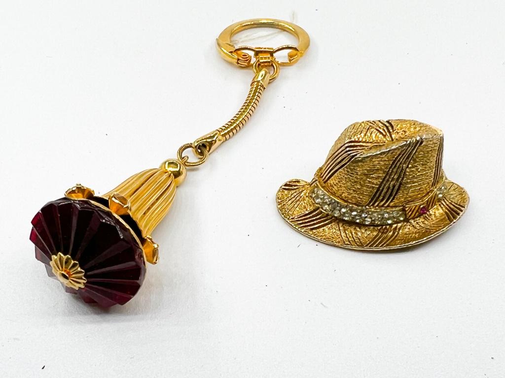 BSK MY FAIR LADY AND DANGLE RHINESTONE CHAIN: BSK "MY FAIR LADY" SIGNED HAT BROOCH WITH RHINESTONES AND DANGLE MULTI COLOT RHINESTONE KEY CHAIN, GET YOUR LUXURY STYLE ON