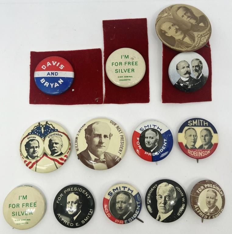 Vintage Democratic Presidential Nominees: 1896-1928 Democratic Presidential Nominess pins. William Bryan, Alton Parker, John Davis, Alfred Smith. Lot of 13