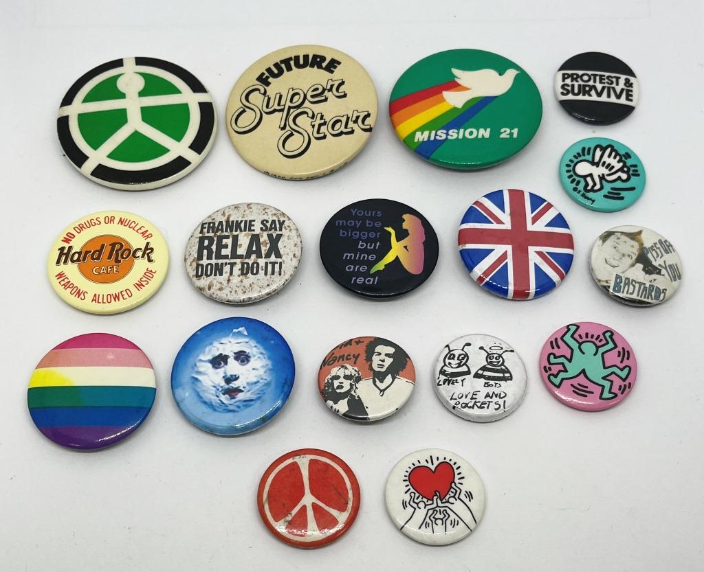 vintage Pop Culture Art Pins: Lot of 20 pop culture pins, Sid & Nancy, Frankie say Relax, Peace, HardRock Café and many many more