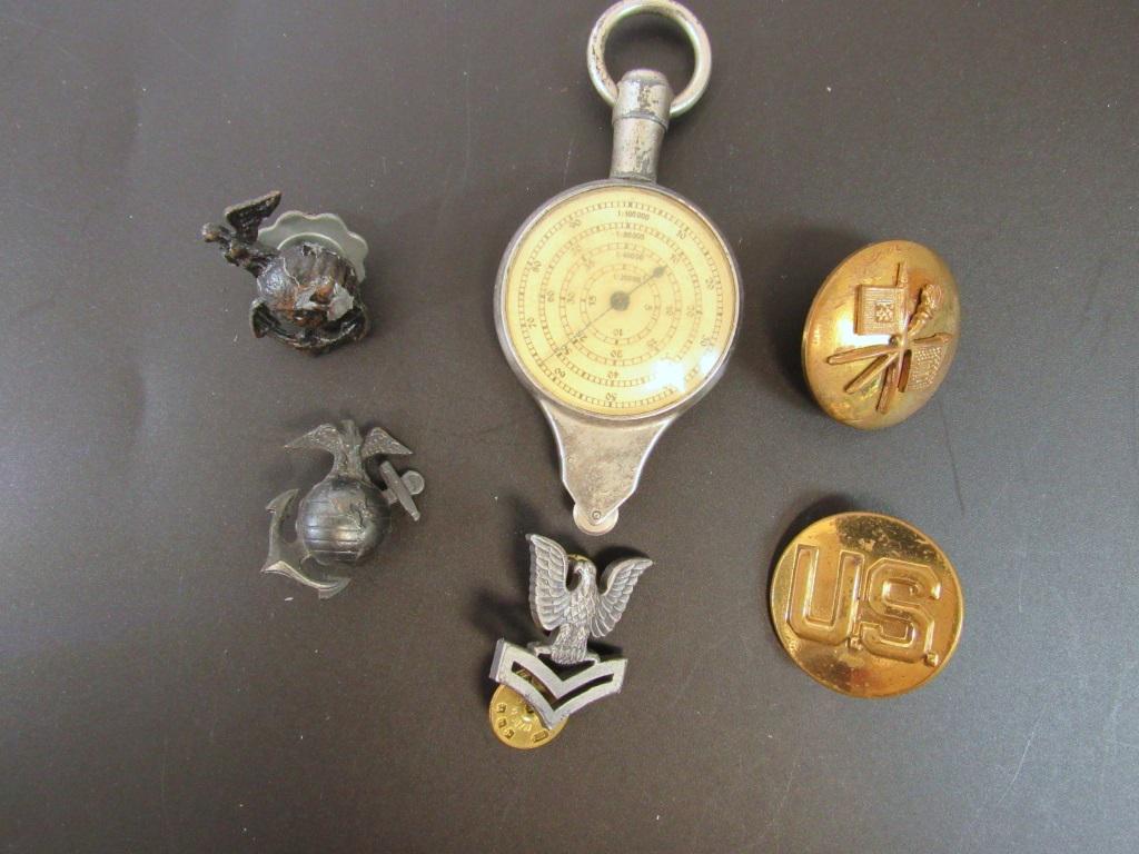 MILITARY MAP MEASURER, (2) MILITARY BUTTONS (1 of 2)