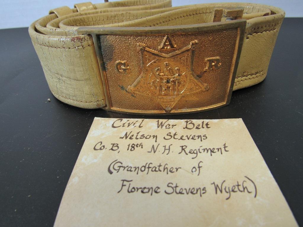 CIVIL WAR BELT / BUCKLE Co. B, 18th N.H. REGIMENT: NELSON STEVENS (GRANDFATHER of FLORENE STEVENS WYETH)