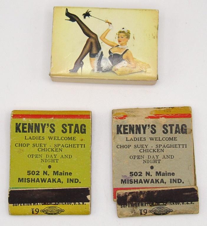 (3) VINTAGE "LADIES" MATCHES!: TWO "KENNY'S STAG" LADIES WELCOME MATCHES "TREE FOR TWO";"SKIRT-ING TROUBLE", ONE ATLAS MATCH LLC