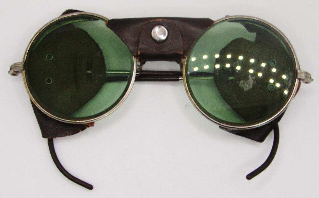 VTG 1930'S METAL AMERICAN OPTICAL SUNGLASSES AOM!: HAS LEATHER STRAPS FOR NOSE AND SIDE; SILER COLORED FRAMES!