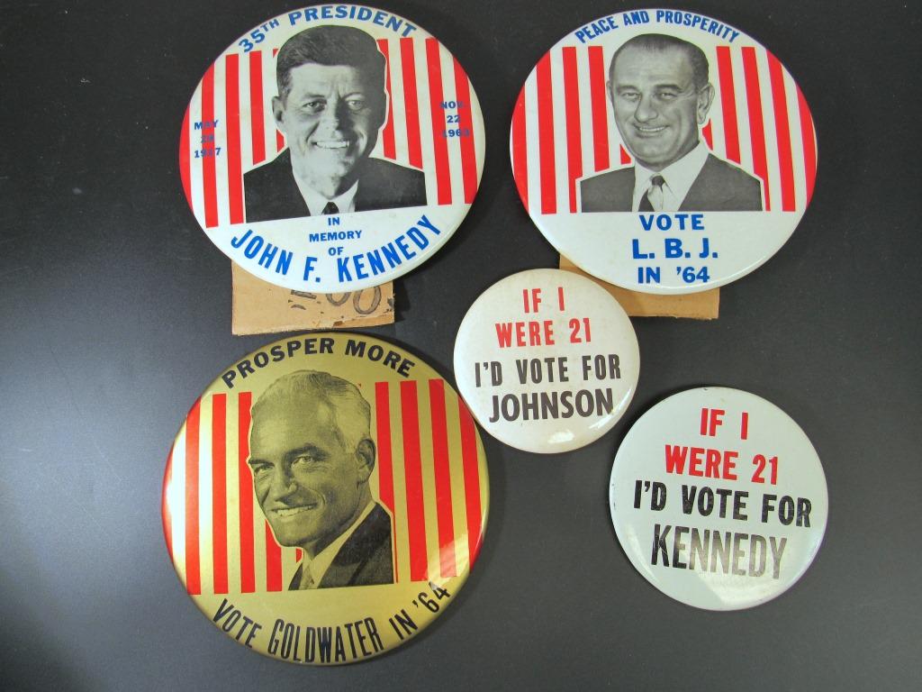 (5) OVERSIZED VINTAGE POLITICAL BUTTONS: (3) 6" BUTTONS - VOTE L.B.J. in 1964; VOTE GOLDWATER in 1964; 35th PRESIDENT in MEMOR of JOHN F KENNEDY; (2) IF I WERE 21 BUTTONS - KENNEDY & JOHNSON