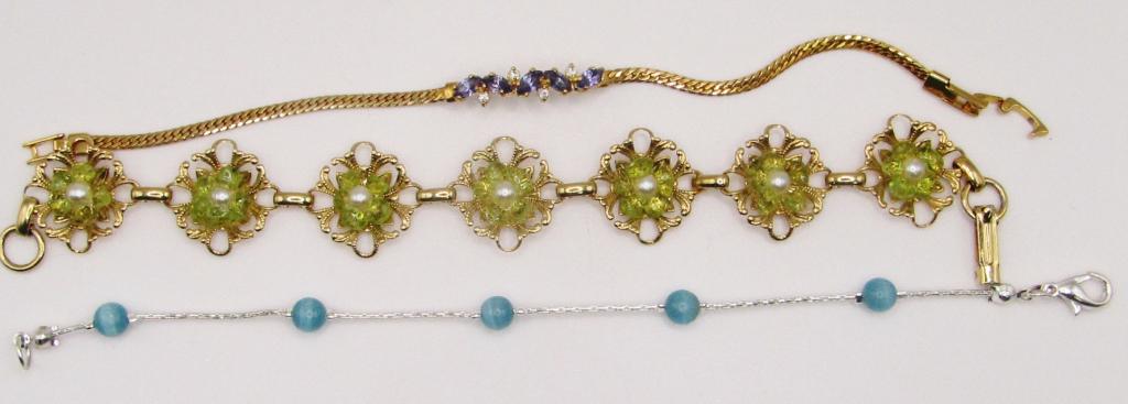 3 VINTAGE BRACELETS!: BLUE BEADS, PURPLE AND GREEN RHINESTONES!