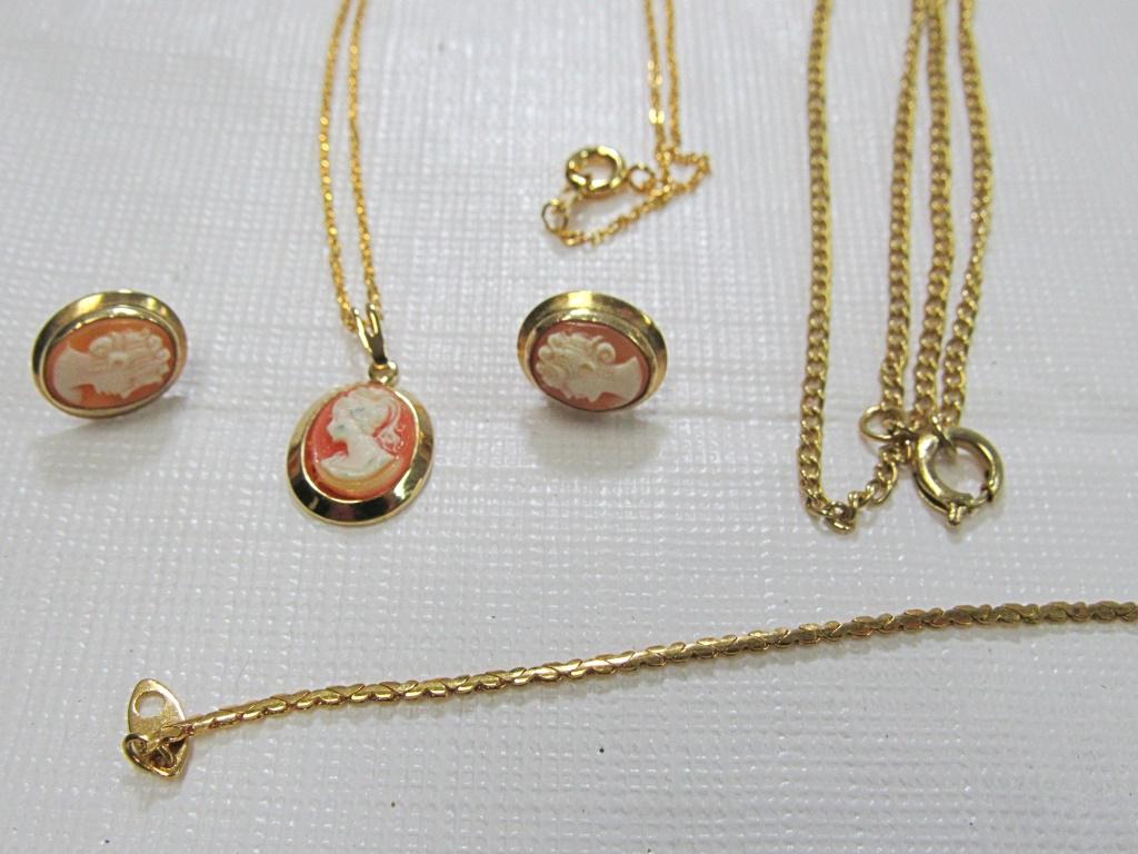GOLD TONE NECKLACE- BRACELET- CAMEO EARRINGS (1 of 2)