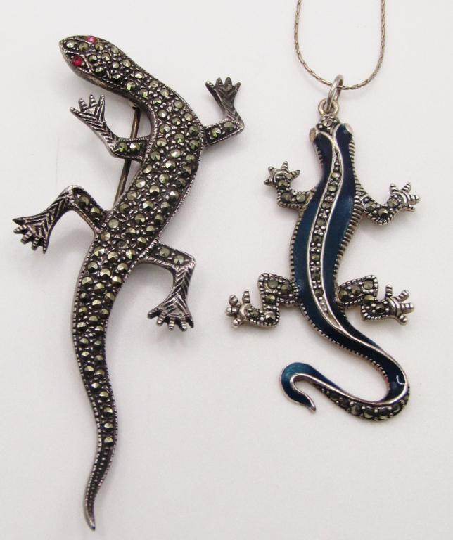 STERLING MARCASITE LIZARD JEWELRY: (1)BROOCH (1)PENDANT WITH CHAIN-TOTAL 17.1 DWT