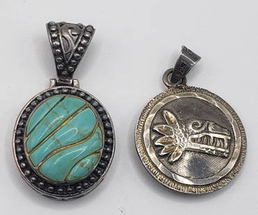 2-SOUTHWESTERN STERLING CIRCULAR PENDANTS: (1)AZTEC DESIGN (1)TURQUOISE STONES-TOTAL 9 DWT