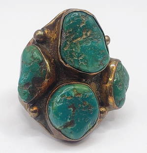 CHUNKY NAVAJO STERLING MEN'S RING LOADED: WITH GREEN TURQUOISE STONES-RING SIZE 8.5-TOTAL 15 DWT