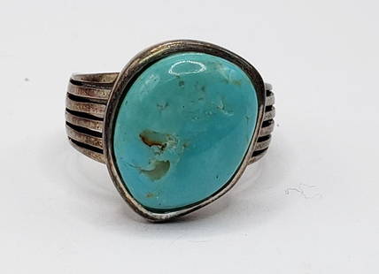 BBJ THAILAND STERLING RING WITH TURQUOISE: CENTER STONE-RING SIZE7-TOTAL 5 DWT