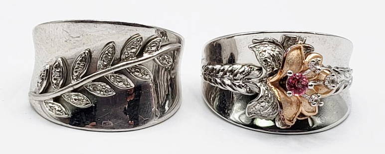 2-CC MARKED STERLING FLORAL DESIGN FASHION: RINGS-(1)CALLA LILLY DESIGN-BOTH RING SIZE 8-TOTAL 8.9 DWT