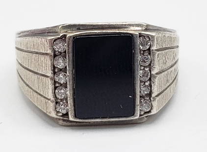 JED STERLING RING WITH BLACK INLAY DESIGN: CLEAR STONE ACCENTS-RING SIZE 10-TOTAL 4 DWT