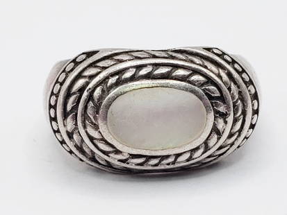 VINTAGE STERLING RING WITH MOTHER OF PEARL: INLAY-BRAIDED BORDER DESIGN-RING SIZE 7-TOTAL 3 DWT