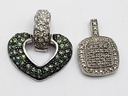 2-STERLING FASHION PENDANTS (1)HEART WITH: GREEN STONES (1)SQUARE DESIGN-TOTAL 6.1 DWT