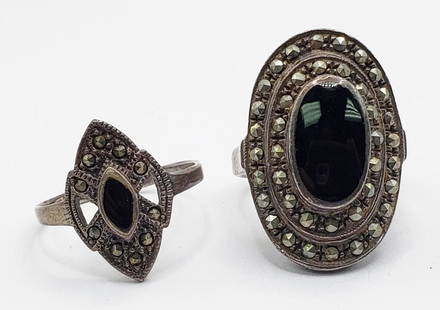 2-VINTAGE STERLING MARCASITE RING WITH BLACK: ONYX INLAY CENTER STONE-RING SIZE 7.5 & 8.5-TOTAL 9 DWT