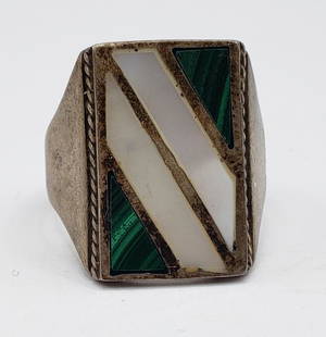 SOUTHWESTERN MEN'S STERLING RING WITH: MALACHITE AND MOTHER OF PEARL INLAY DESIGN-RING SIZE 11-TOTAL 7.1 DWT