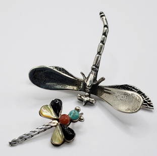 STERLING DRAGONFLY JEWELRY LOT: (1)MEXICO: MARKED BROOCH (1)ZUNI DESIGN PENDANT-TOTAL 9 DWT