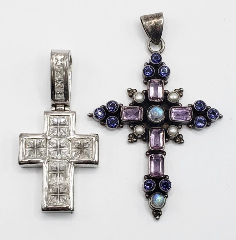 2-STERLING CROSS PENDANTS WITH MULTI COLORED: STONES (1)MARKED INDIA. TOTAL 18 DWT