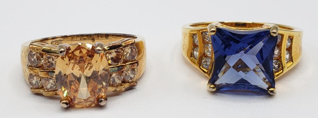 2-GOLD TONED STERLING FASHION BLING RINGS: WITH MULTI COLORED STONES-BOTH RINGS SIZE 8-TOTAL 6.8 DWT