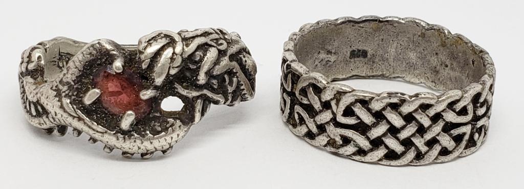 2-MEN'S STERLING RING/BANDS (1)WITH RUBY: RED STONE-RING SIZES 10 & 12-TOTAL 9.4 DWT