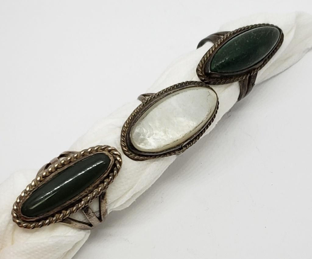 3-VINTAGE STERLING FASHION RINGS WITH: WITH GREEN AND CREME STONES - VARIOUS SIZES 6-7 TOTAL 10.9 DWT
