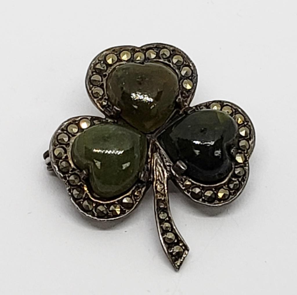VINTAGE STERLING SHAMROCK MARCASITE PIN: WITH JADE ACCENTS-TOTAL 3.9 DWT